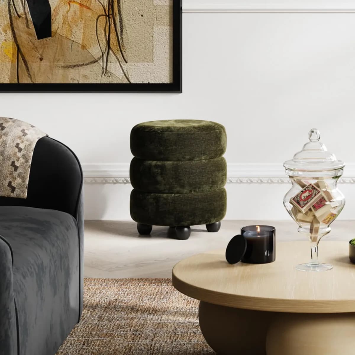 Emi Olive / Black Pouffe