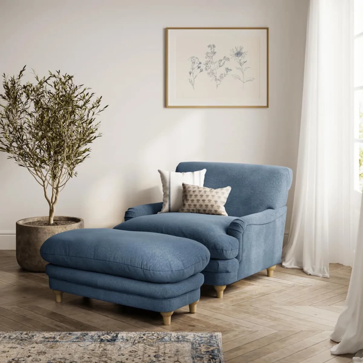 Plumpton Footstool Denim Blue Weave